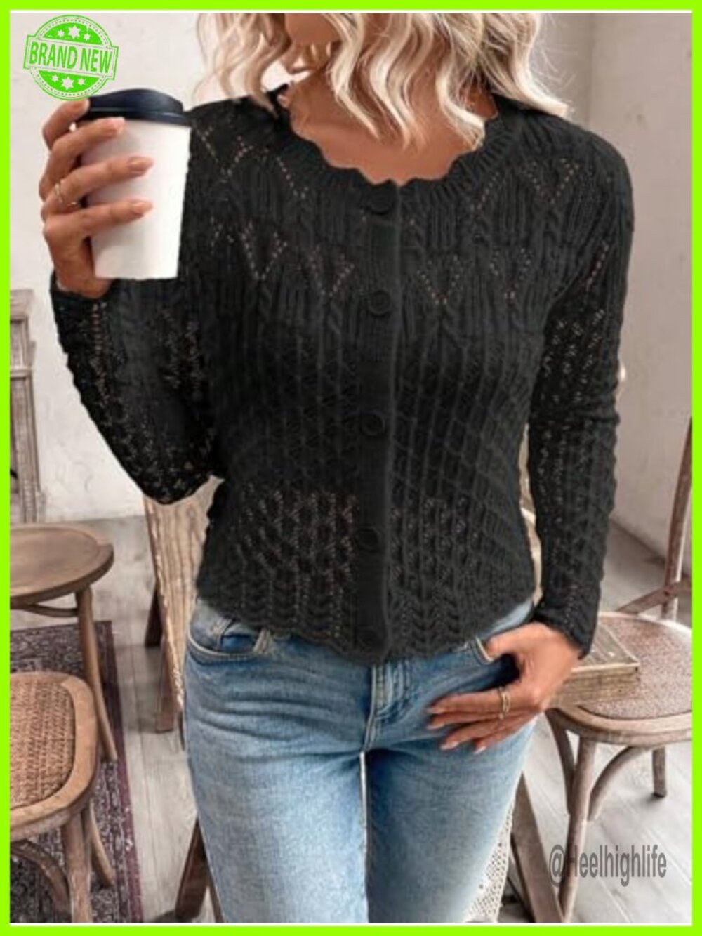 Knit Cardigan Sweater Cropped Crewneck Long Sleeve Button Front Fall Top - Picture 4 of 4